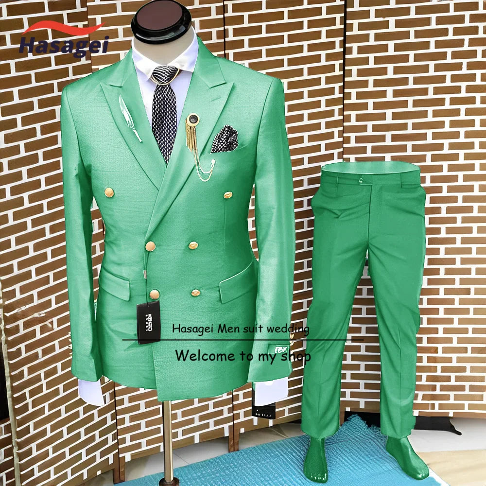 Formal Suit for Men Wedding Tuxedo Double-breasted Jacket and Pants 2-piece Set Business Blazer Gold Buttons Suit Groom