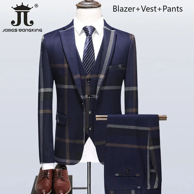 S-5XL ( Blazer + Vest + Pants ) Boutique British Style Mens Suit Plaid Groom Wedding Dress Business Casual Formal Suits 3Pcs Set