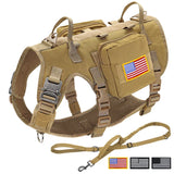 Tactical Military Dog Harness Collar Leash Set Durable Big Dog Training Harness Vest MOLLE For Large Dogs With Pouches Flag