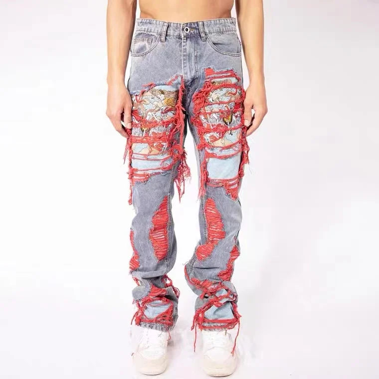 High Street Hip Hop Destroy Brushed Embroidered Baggy Jeans Casual Straight Leg Denim Pants Man Women