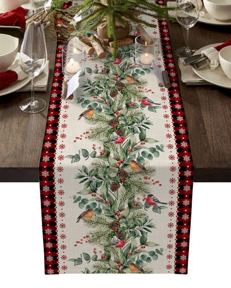 Modern Elegant Table Runner Eucalyptus Berries Robin Table Runner Christmas Wedding Decoration Tablecloth Home Party Decor