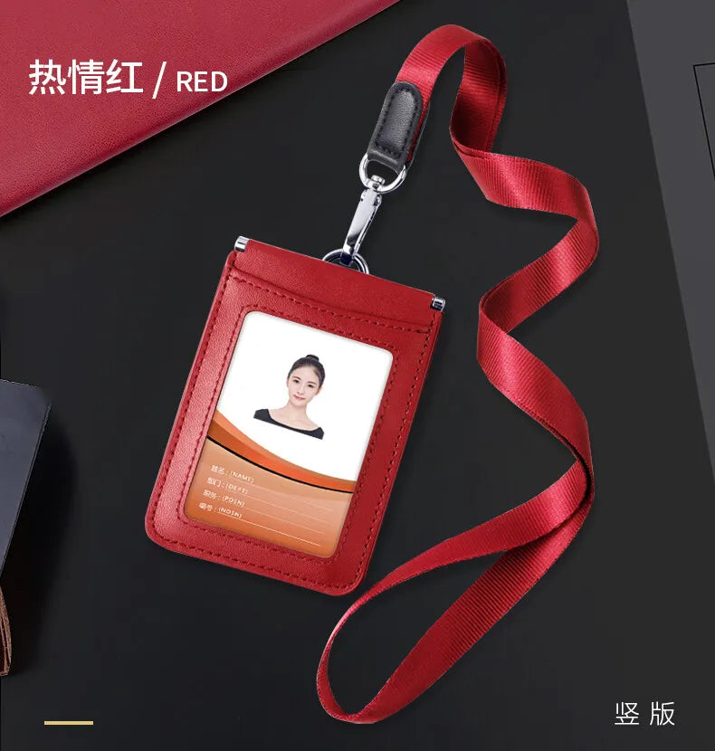 High Quality Genuine Leather ID Badge Holder Access Control Card Holders with Neck Lanyard Office Worker Magnet Hasp Campus Card