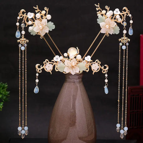 Chinese Hanfu Hair Accessories Set Long Fringed Vintage Hairpins Flower Handmade Hair Sticks For Women Traditional Retro Jewelry