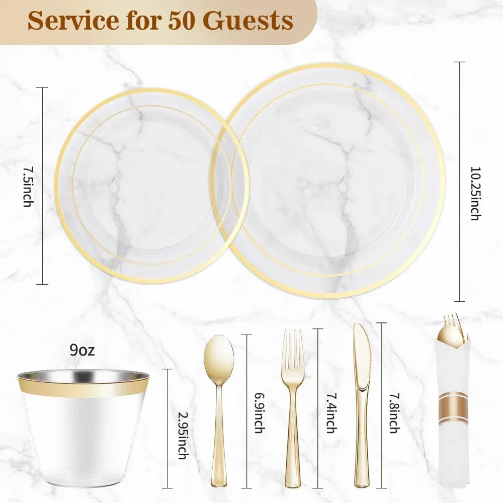 350PCS Gold Dinnerware Set, Disposable Party Plates for 50 Guests, 100 Plastic Plates, 50 Rolled Napkins, 50 Cups