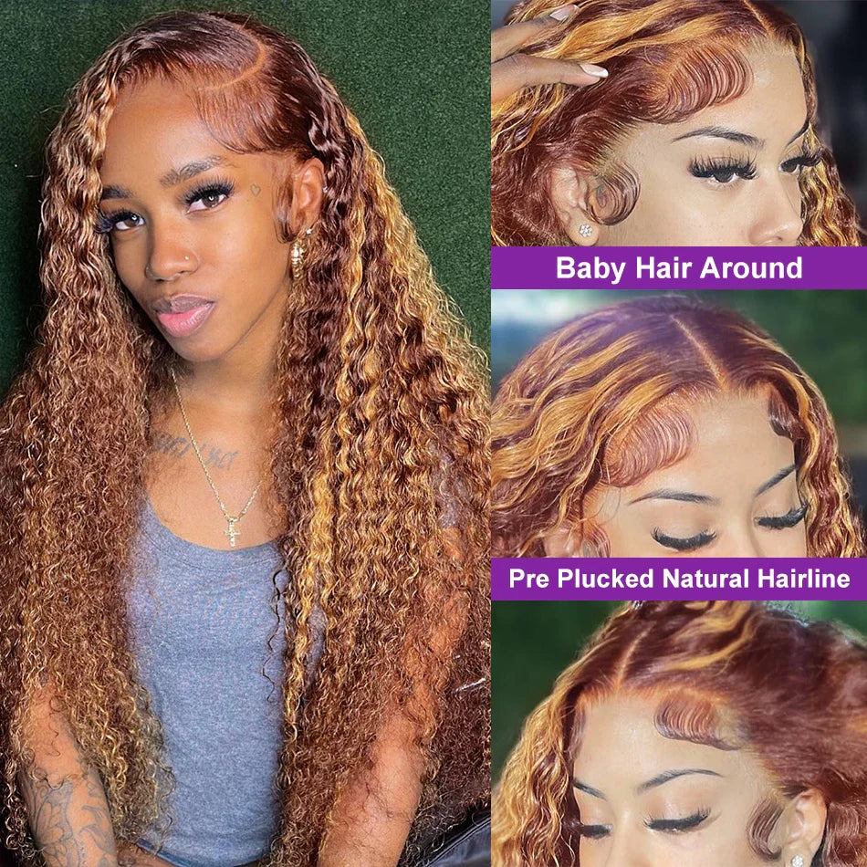 Glueless Highlight Wig Human Hair Curly Ombre Honey Blonde Water Wave 360 13x6 HD Lace Frontal Wigs Human Hair Lace Front Wig