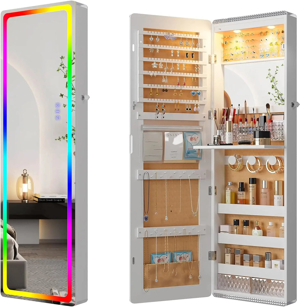 LED Mirror Jewelry Cabinet with RGB Lights,47.2" Wall Mounted Jewelry Organizer with Full-Length Mirror