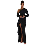 European and American Women's New Long Sleeve Oblique Neck Dress Fashion Sexy Open Back High Split Dress Long Dress