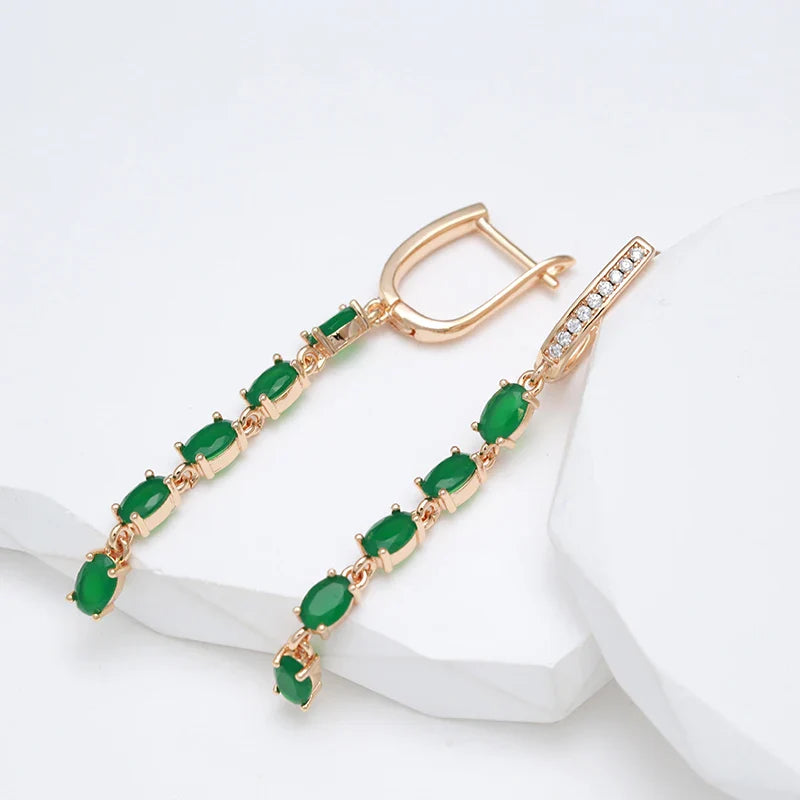 Kienl New Trend Vintage Long Tassel Earring 585 Rose Gold With Green Natural Zircon Women Drop Earrings Bride Wedding Jewelry