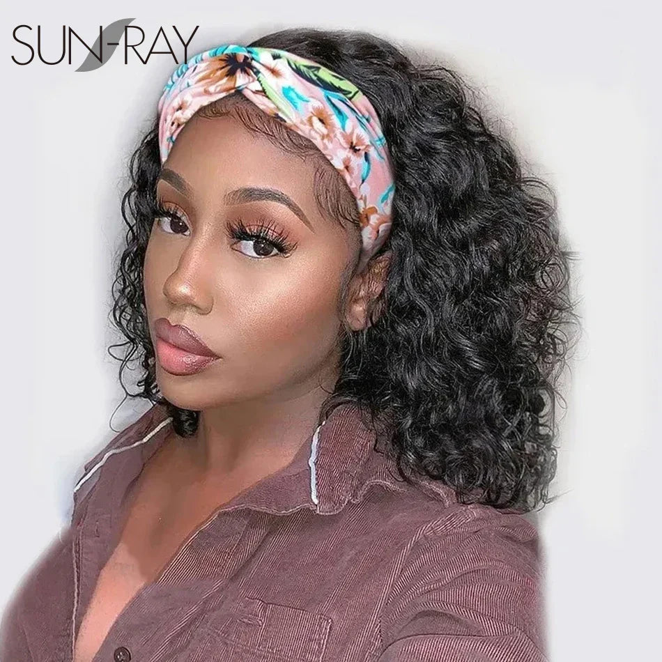 Short Curly Pixie Cut Headband Wig Water Wave Remy Brazilian Human Hair  Scarf  Wigs For Black Women Glueless Machine Made  Wig