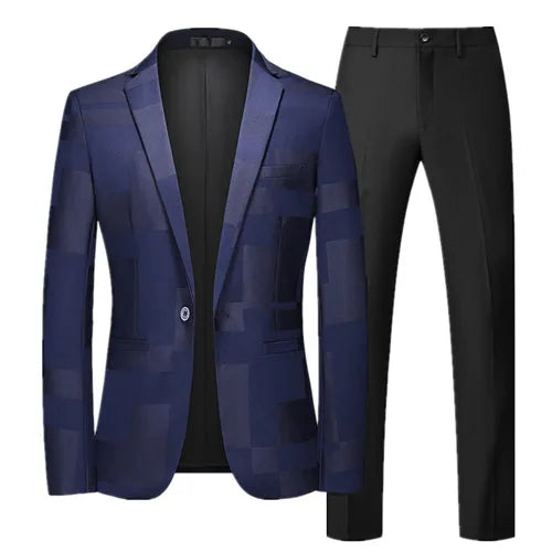 Fashion Brand Men's Jacquard Suit Classic Black / White / Blue Business Wedding Banquet Party Dress Men Blazers and Pants