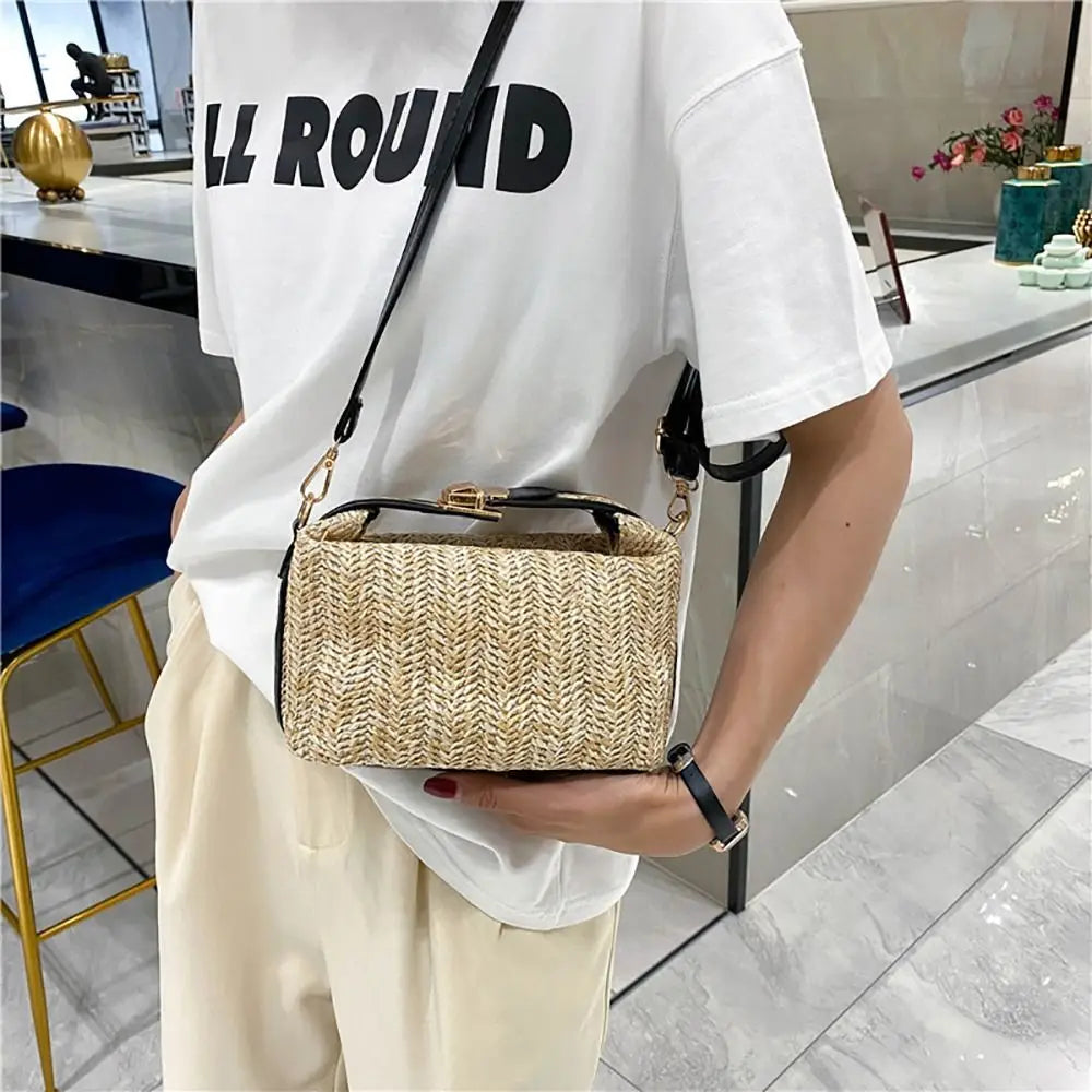 With Hardware Lock Crossbody Bag Trendy Large Capacity Simple Straw Handbag Soft Handle Beach Bag Women Girl New