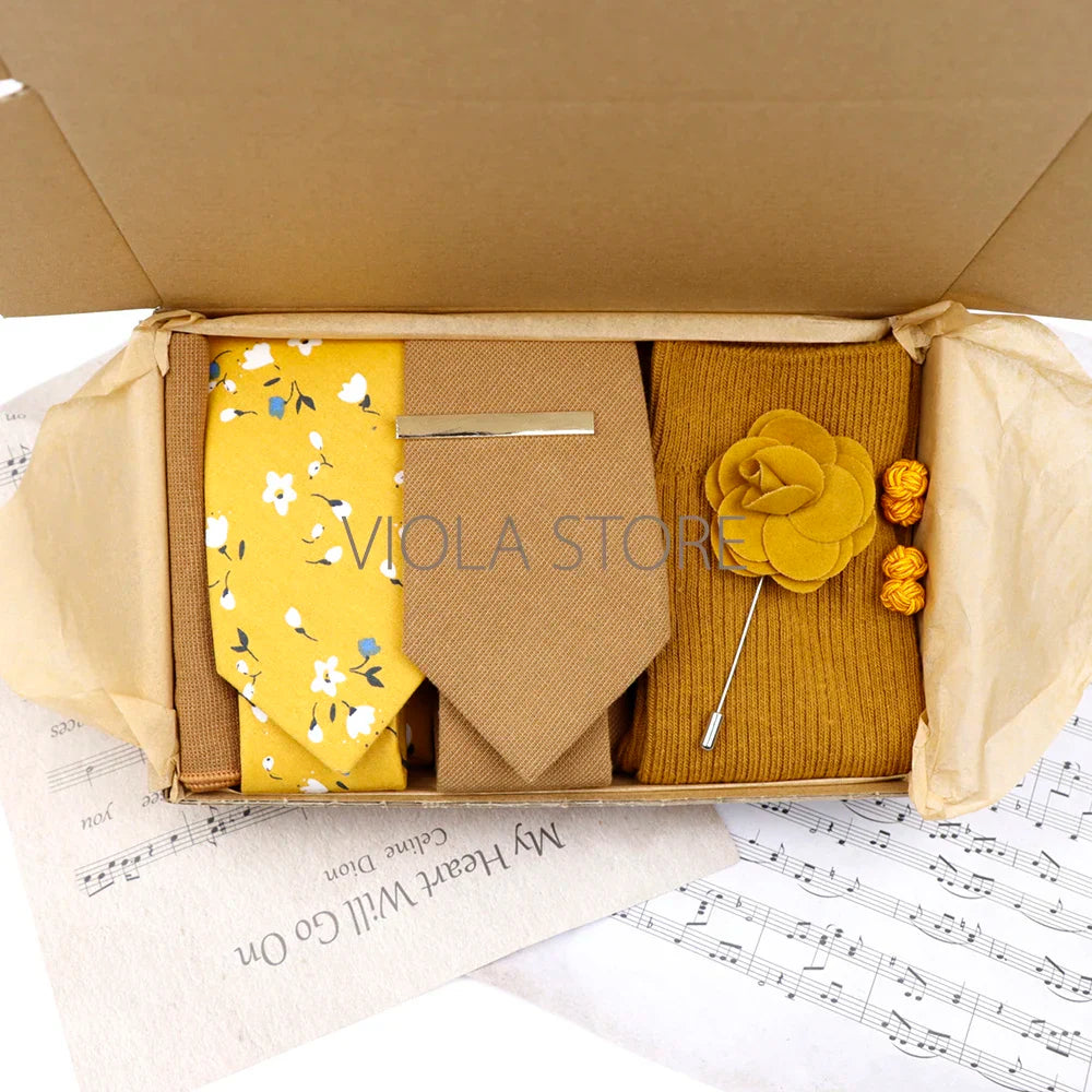 Viola Design 7 PCS Gift Box Cotton Sock Tie Sets Clip Pin Cufflinks Hanky Solid Floral Men Wedding Party Daily Cravat Accessory