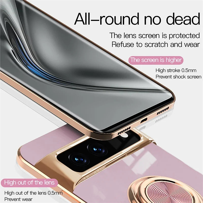 Luxury Plating Silicone Shockproof Phone Case For Google Pixel 8 8A 7 Pro 7A 6A Metal Ring Magnetic Holder Stand Soft Back Cover