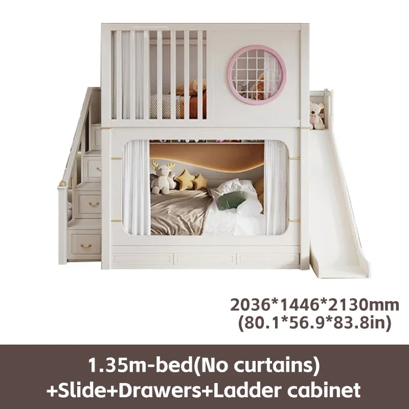 Modern High And Low Kids Bed With Ladder Cabinet Safety Fence Bunk Bed  Multifunctional Solid Wood Children Bed For Boy And Girl