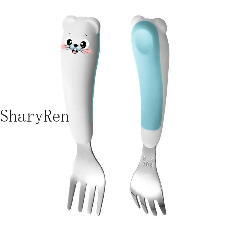 Baby Children Spoon Fork Set Cartoon Bear Stainless Steel Fork Spoon Kids Toddler Training Spoon Utensil Baby Feeding Cutlery