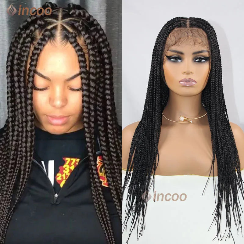 Full Lace Braided wigs 360 Lace Front Box Braids Wig With Baby Hair Triangle Knotless Synthetic Braided Wigs For Black Women 24"