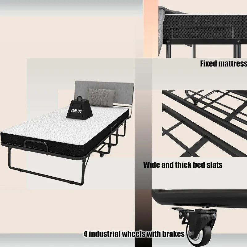 Folding Bed with 5" Memory Foam Mattress, 75" X 39" Twin Guest Bed with Headboard, Portable Rollaway Bed with Sturdy Frame