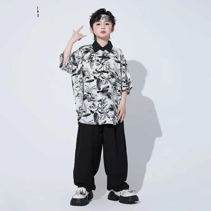 Hip Hop Boys Chinese Style Shirt Baggy Pants Girls Print Blouse Street Dance Skirt Children Streetwear Kids Jazz Clothes Sets