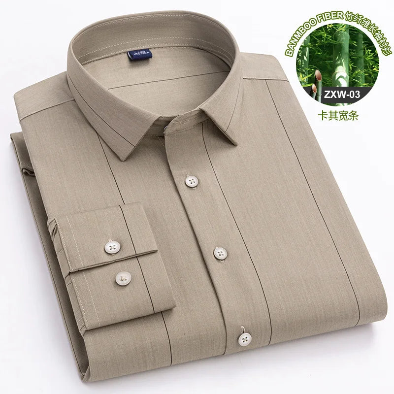 Spring and autumn new men's bamboo fiber non-ironing long sleeve shirt anti-wrinkle business daily casual fashion stripes