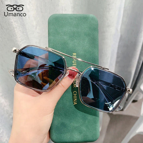 Umanco Trendy Double Beam Square Sunglasses For Men Metallic Ocean Blue Lenses Driver Sunglasses UV400 Design Retro Glasses