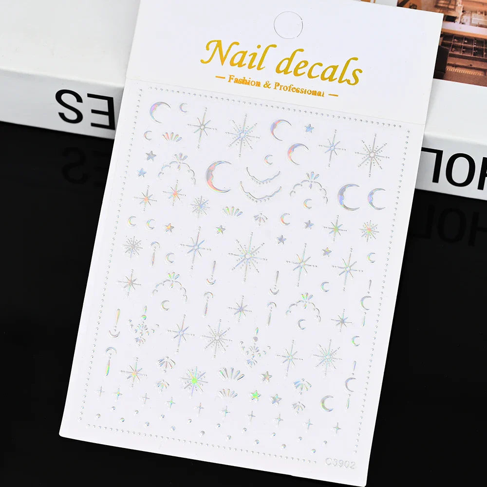 3D Gold Sun/Moon/Star Bronzing Nail Art Sticker 8*10cm Laser Star Moon Design Nail Decal Gold Silver Self-Adhesive Slider &*&