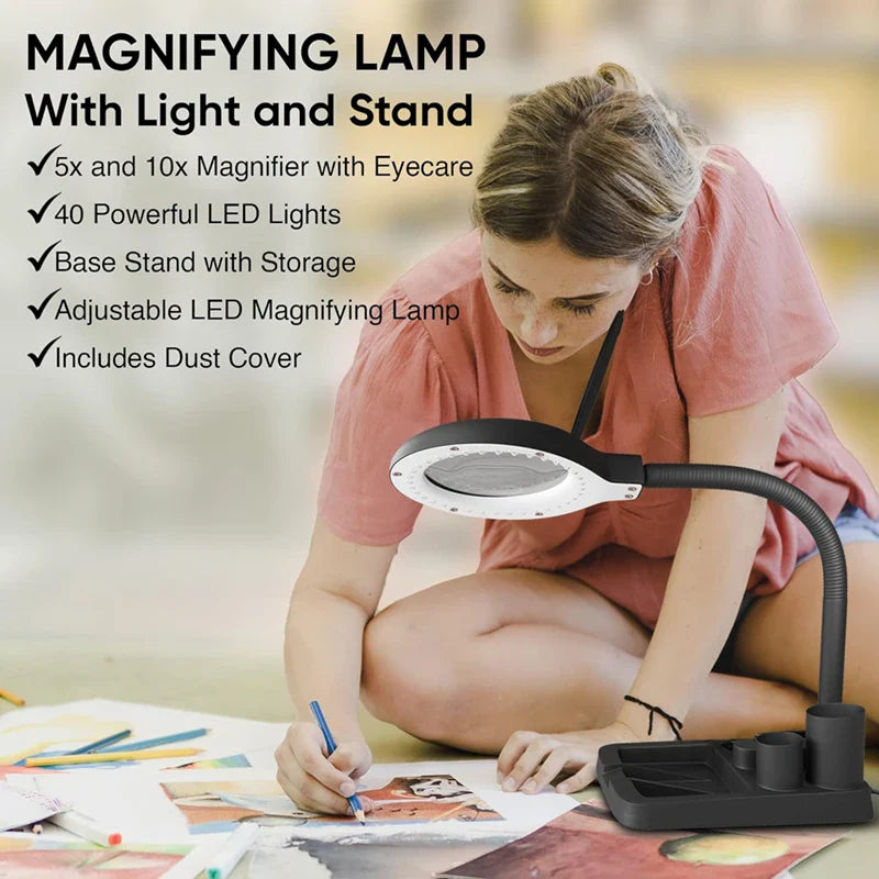 5X 10X Magnifying Glass with 40 LED Light Illuminated High Vision Magnifier Lamp Table Lamp for Reading Close Work