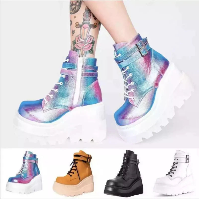 2023 New Spring Autumn Fashion Platform Wedge Boots Ankle Women Punk Style Round Toe Cross Tied Women's Boots Botines De Muj