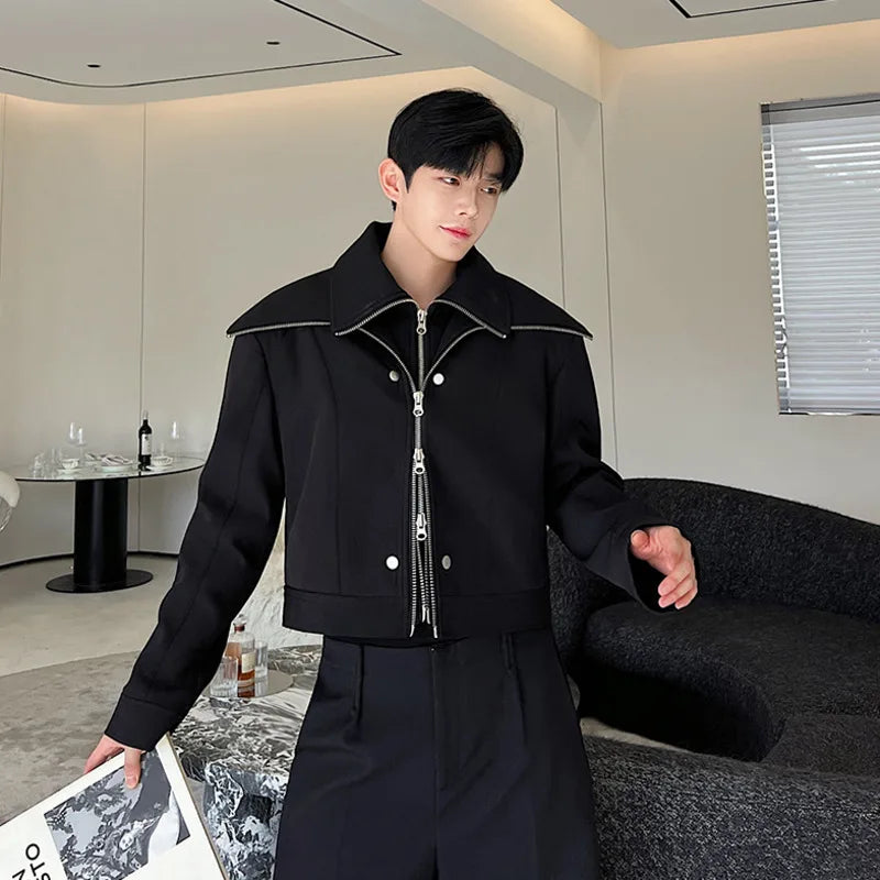 NOYMEI Short Coat Black Deconstructed Design Black Short Motorcycle High Collar Double Neck Double Zipper Jacket Men WA3171