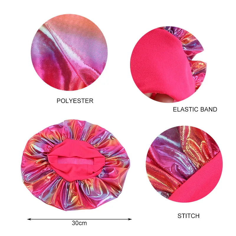 New Women's Laser Satin Bonnet Night Sleep Hat Elastic Wide Band Salon Hair Loss Cover Head Wrap Chemo Caps Styling Nightcap