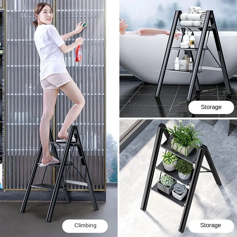 Multifunctional Folding Ladder Aluminum Alloy High Stools Kitchen Load-bearing 300kg Step Ladder Chair Widen 3 Step Ladder