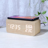 Wood Grain Digital Alarm Clock With Wireless Charging Home LED With Temperature And Humidity Display Clock Small Alarm Clock