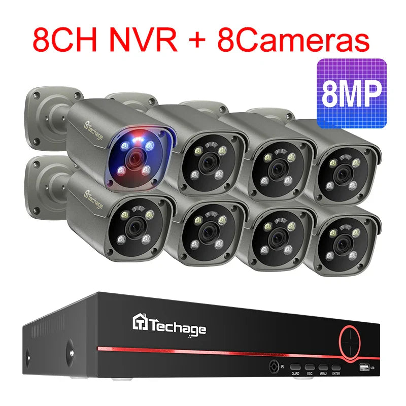 Techage 8CH 5MP 8MP Security Camera System 4K HD POE NVR Kit Two Way Audio Face Detect Outdoor Video Surveillance IP Camera Set