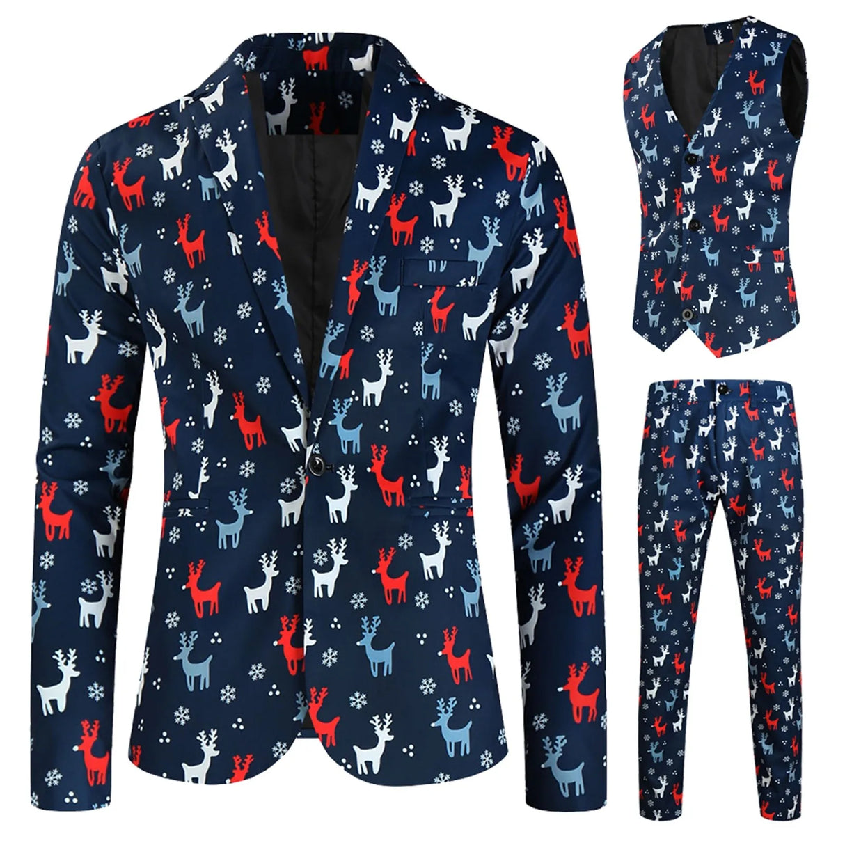 Mens Fashion Casual Suit Printed Christmas Jacket Pants Vest Three Set Of Men Suits Sets