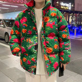 Northeast Flower Printed Thickened Cotton-padded Jacket Couple Chinese Style Causal Loose High Street Parkas Pants Suit