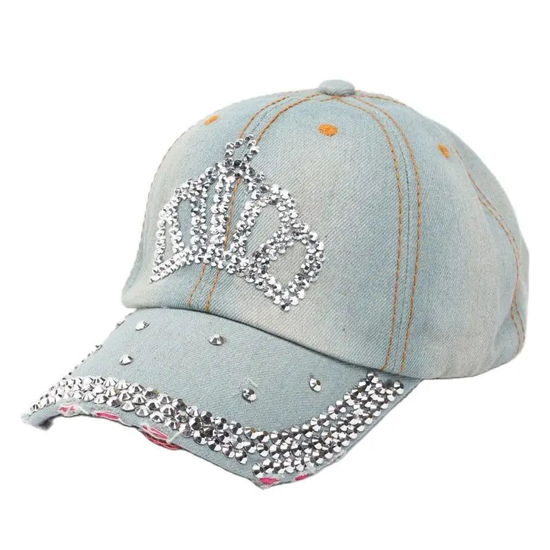 Women Bling Tiara Distressed Denim Baseball Cap Rhinestones Embellished Washed Retro Style Adjustable Hat