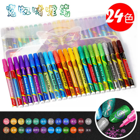 24 Color Set Glitter Color Changing Pen Nail Pen Neon Handbook Fluorescent Waterproof Art Marker pen Graffiti Painting supplies