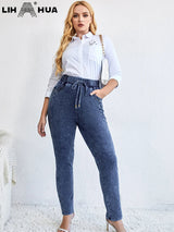 LIH HUA Women's Plus Size Jeans Autumn High Stretch Cotton Knitted Denim Trousers Casual  Jeans