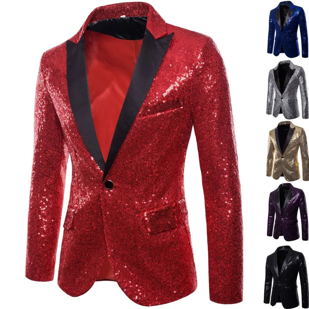 Men's Suit Round Sequin Pocket Single Row Button Wedding Groom Stage Show Hosting Dinner Menswear Bar Dance Casual Men Blazer