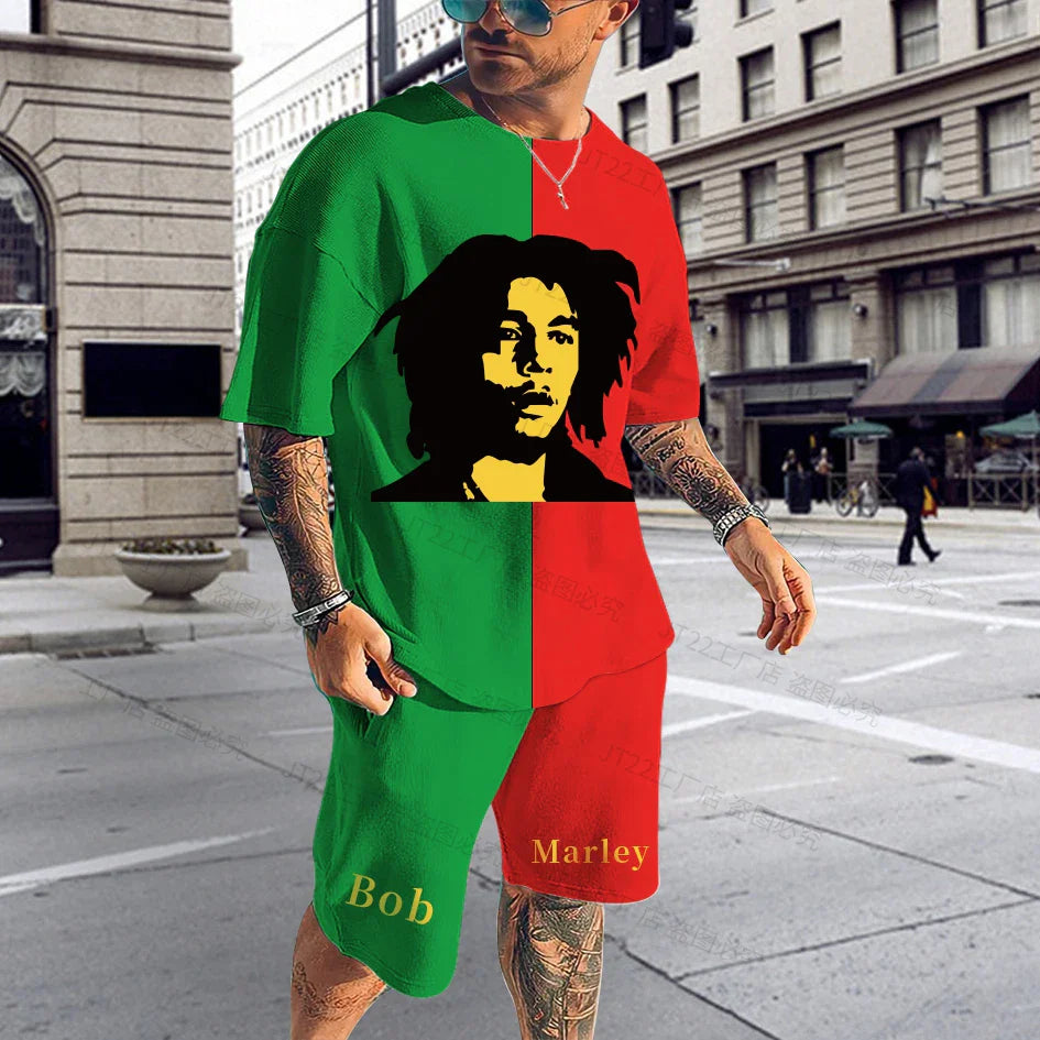 Summer Men's Tracksuit Bob Marley Reggae Music T-Shirt Shorts Set Casual Suit Fashion Outfit Male Oversized Streetwear One Love