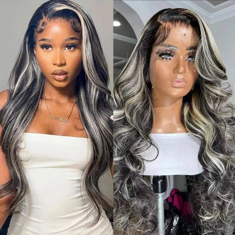 Human Hair Body Wave Highlight Wigs Black With Gray Highlighter Human Hair Lace Frontal Wig Brazilian 30 32 Inch For Women YARRA