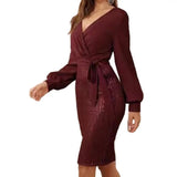 Women V-neck Dress Stunning Sequin Splicing Bodycon Dress Elegant V Neck Slim Fit Belted Waist for Evening Parties for Women