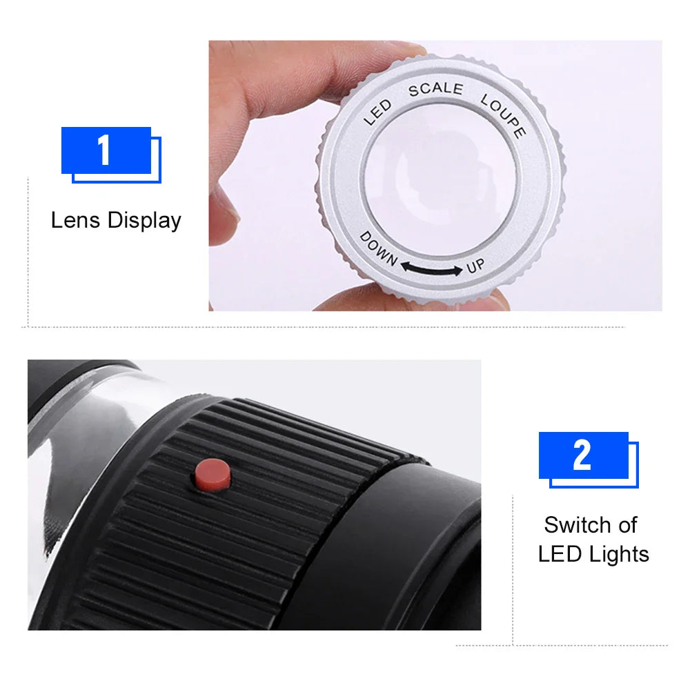 LED Scale Loupe 30X Adjustable Magnification Magnifier Metal Cylinder Mirror with Scale Small Reading Mirror Jewelry Magnifier