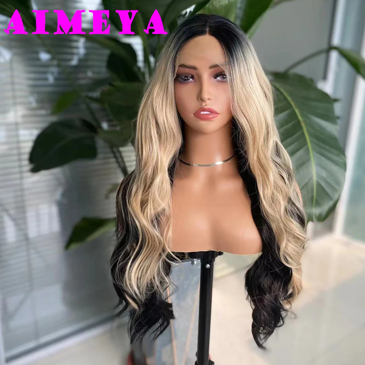 AIMEYA Ombre Green Synthetic Lace Front Wig for Women Dark Roots Highlights Wig Glueless Natural Hairline 13X4 Front Lace Wigs