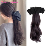 BEAUTYENTER Synthetic Straight Long Wig Hair Ponytail Grab clip Bow Pony Tail For Woman Fake Hairpiece For Black Women