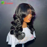 Reddish Brown Color Body Wave With Bangs 13x6 Lace Frontal Wig Brazilian Remy Human Hair Wig For Women 4x6 Glueless Wear Go Wig