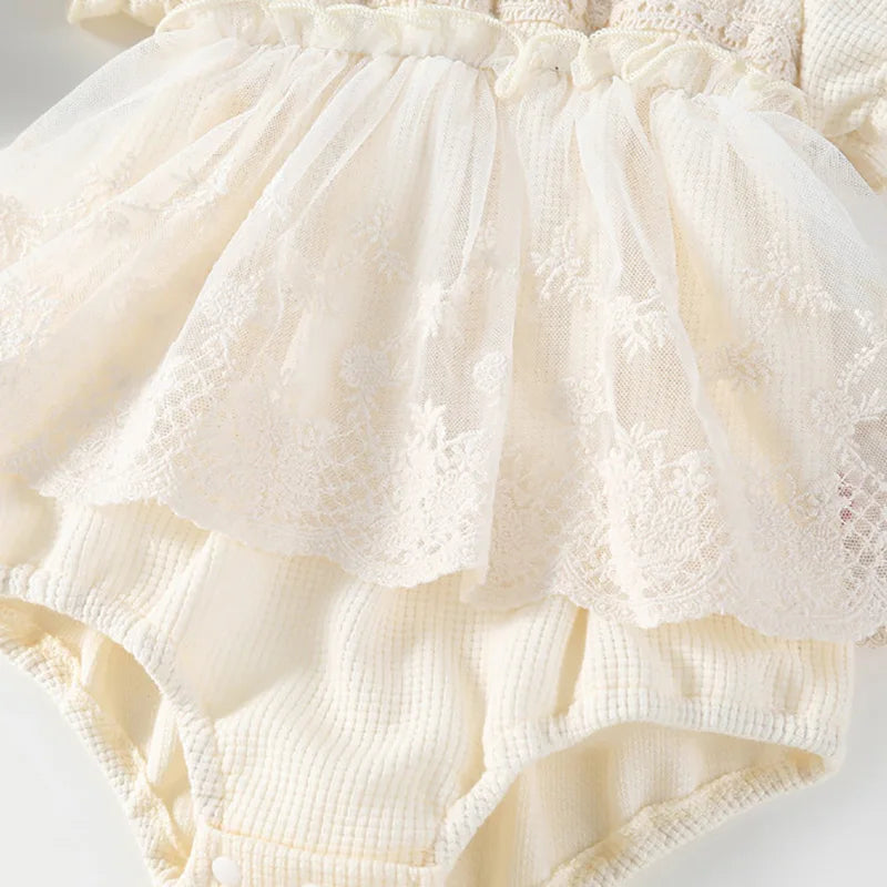 Spring Summer Solid Princess Baby Girl Tutu Skirt Style Bodysuit Toddler Infant Waffle One Piece Lace Party Outfit Play Suit