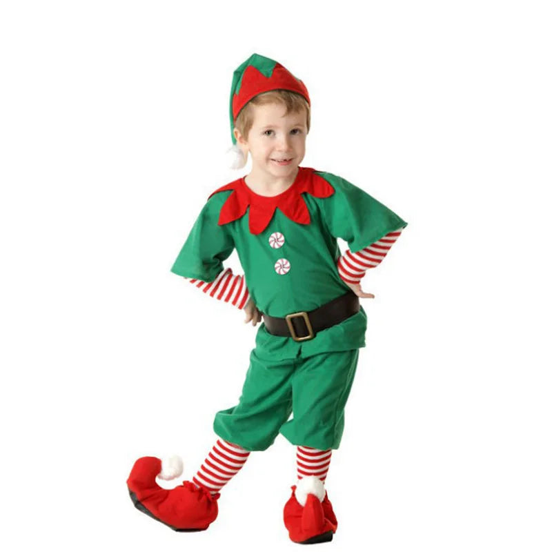 Boys Christmas Elf Costume Girls Xmas Santa Claus Green Elf Dress For Kids Adults Family Matching Outfits Cosplay Clothing Sets