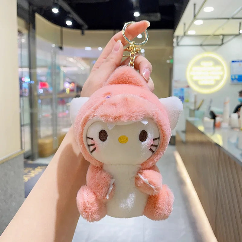 Kawaii Sanrio Plush Keychain Hello Kitty Kuromi Cinnamoroll Melody Plush Toys Doll Dinosaur Series Pendant Decor Kids Toys Gift