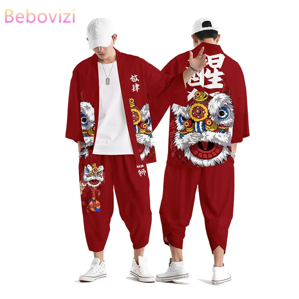 Two-piece Suit Plus Size S-6XL Loose Japanese Cardigan Women Men Cosplay Yukata Clothing Harajuku Samurai Kimono + Pants Sets