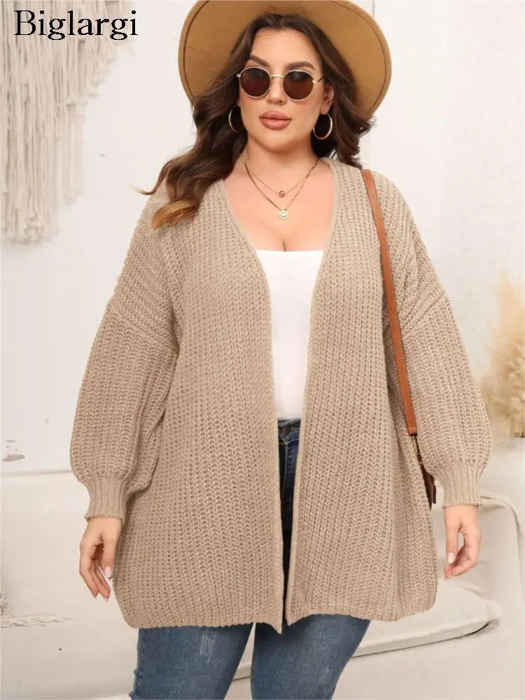 Plus Size Autumn Winter Midi Knitted Cardigan Women Korean Fashion V-Neck Ladies Cardigan Long Sleeve Woman Sweater Coats 2023